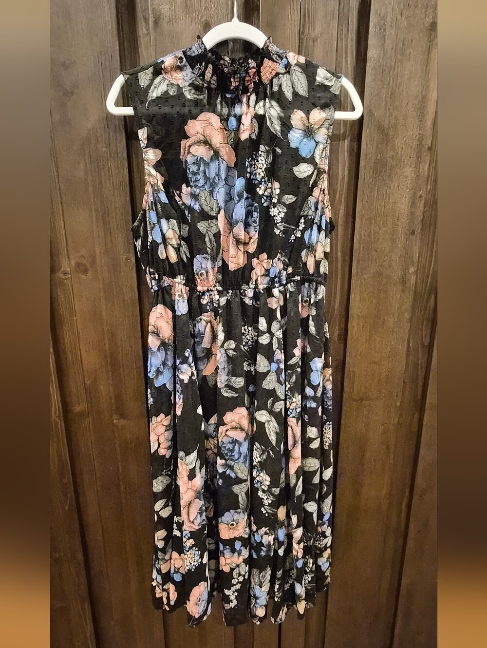 torrid Black Floral Sleeveless Midi Dress with Pink & Blue Blooms